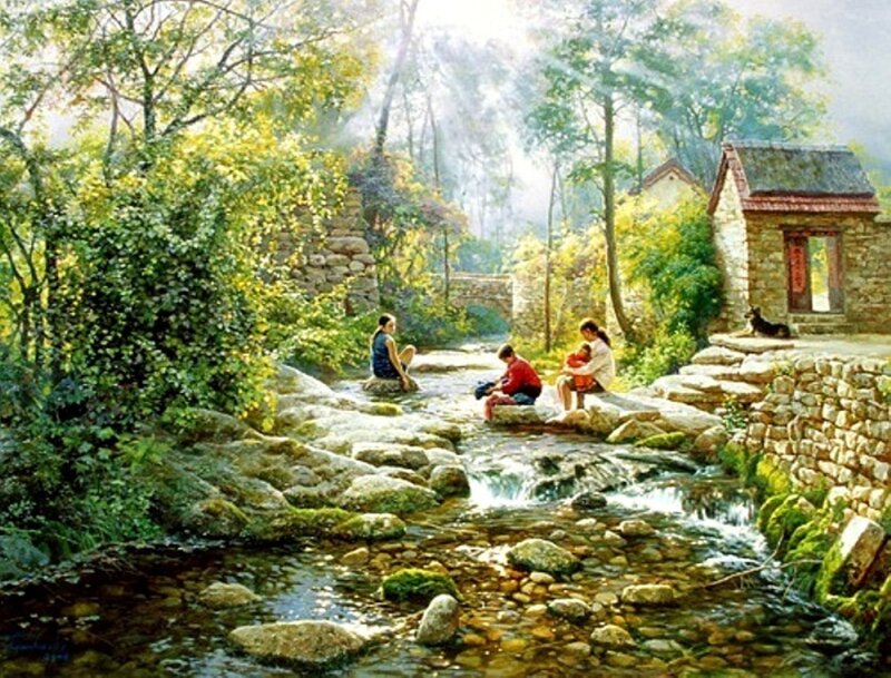 Family by a Stream