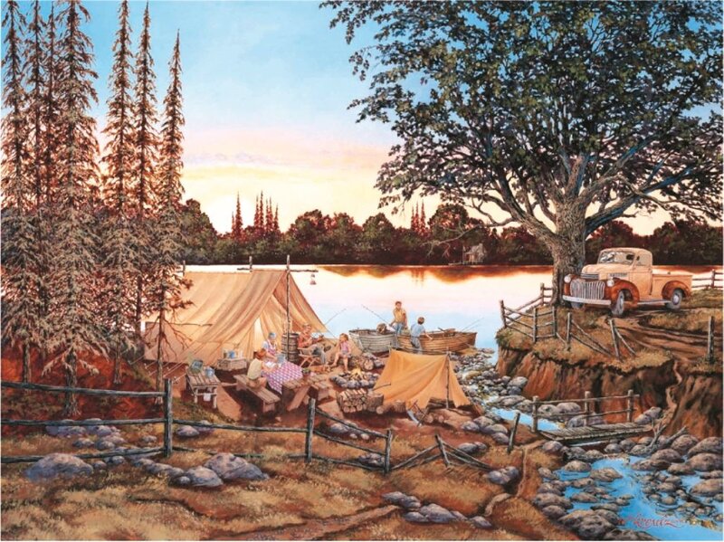 Family Camping by Lake — Brown