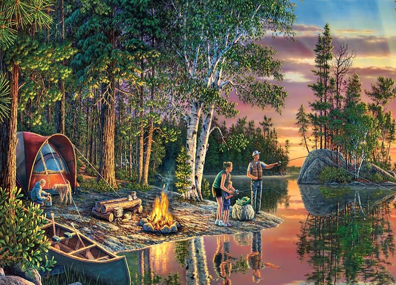 Family Camping by Lake — Green
