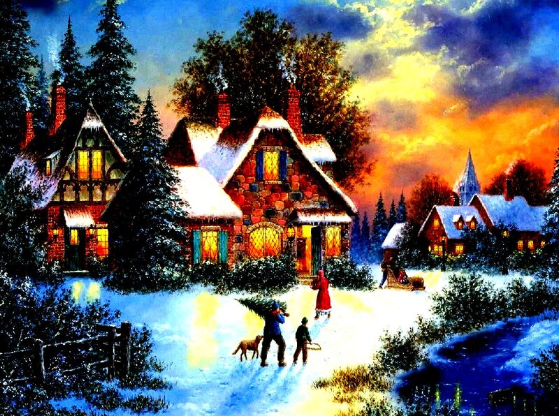 Family Carrying Christmas Tree — Blue