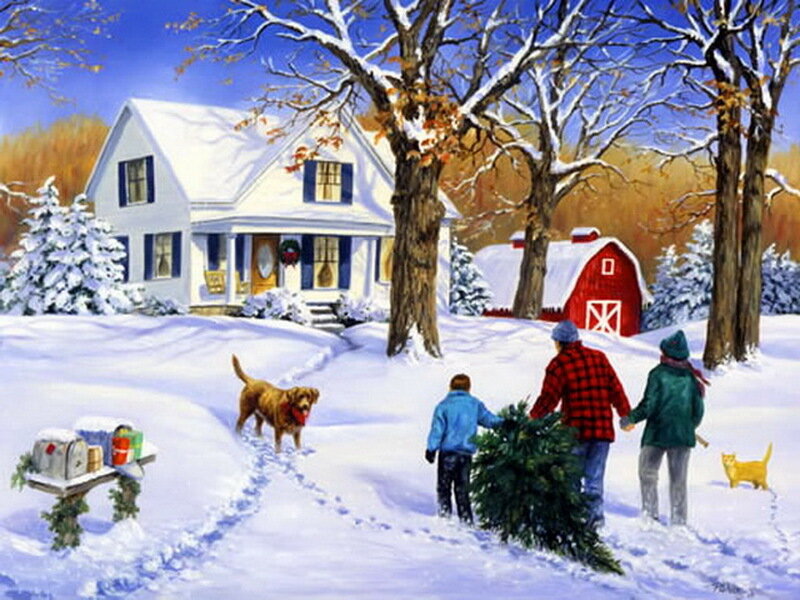 Family Carrying Christmas Tree — White