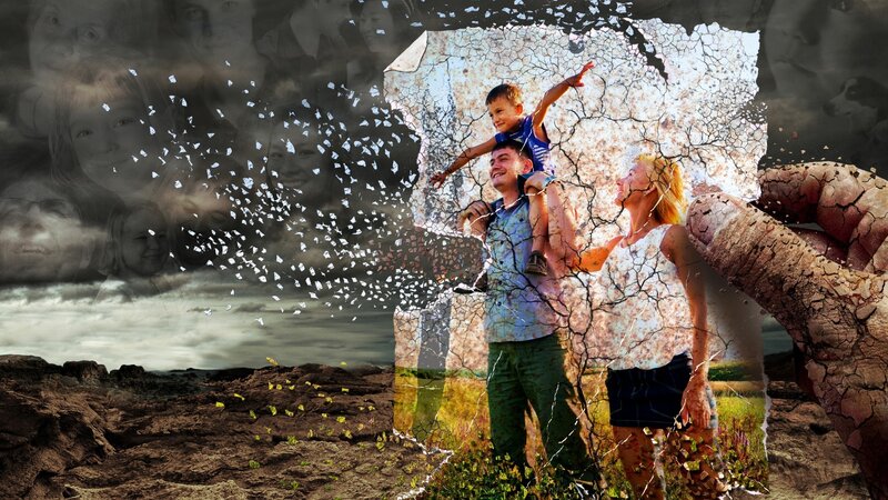 Family collage with cracked photo