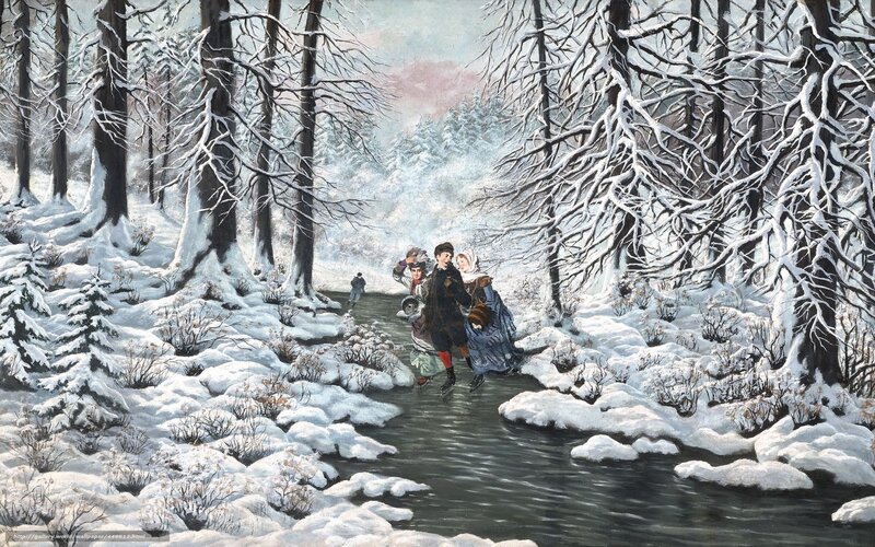 Family crossing snowy stream