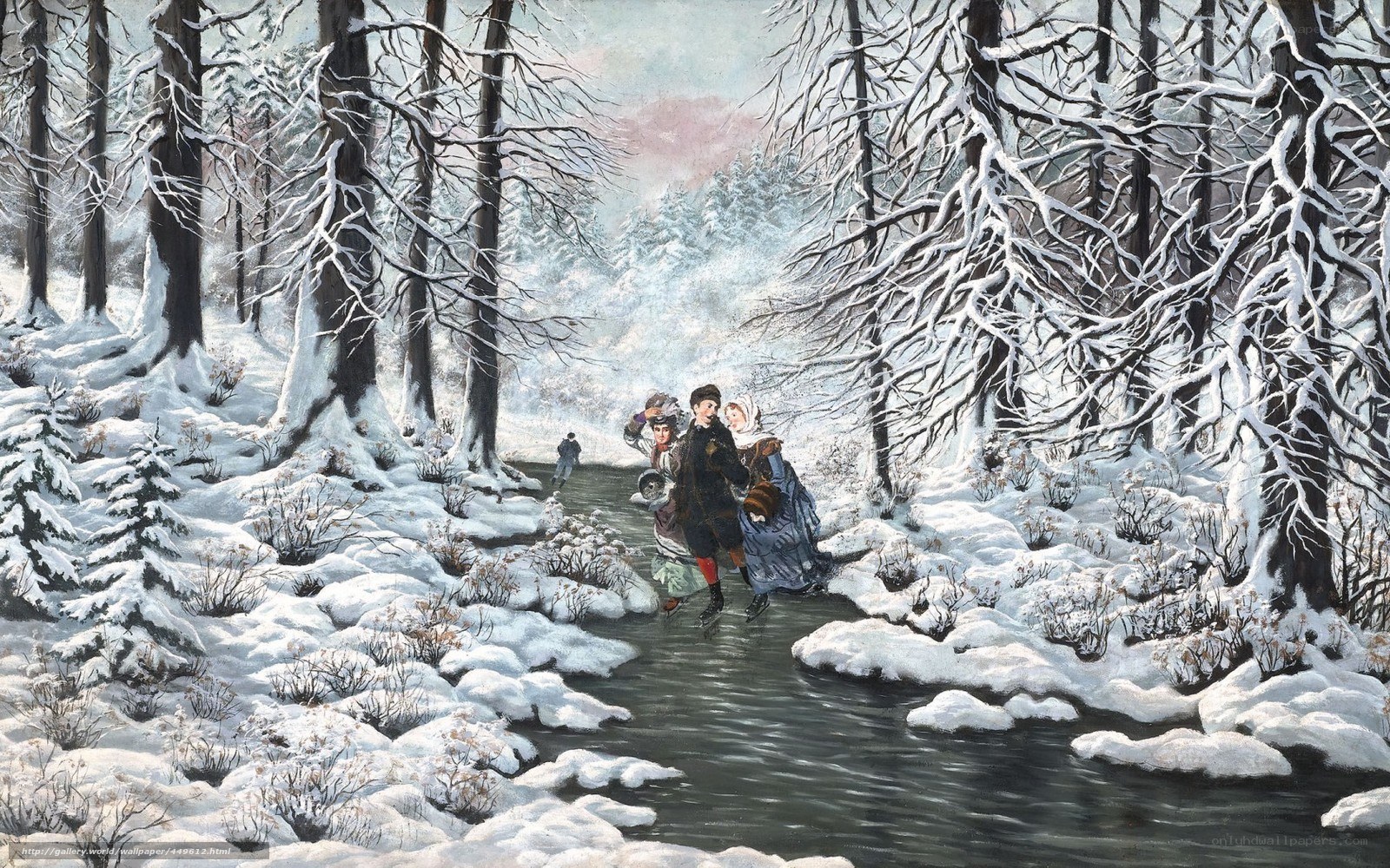 Family crossing snowy stream