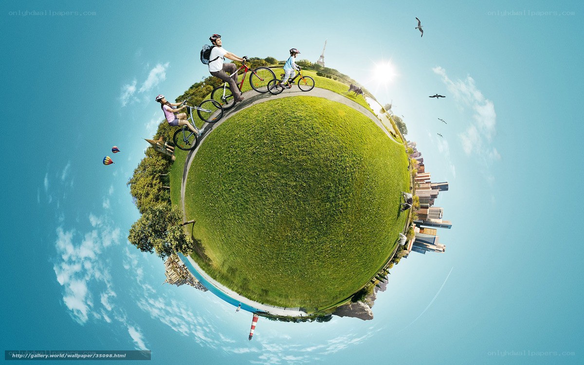 Family cycling on a tiny planet