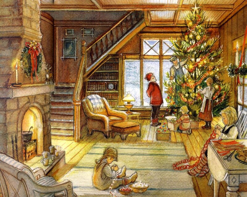 Family Decorating Christmas Tree — Brown