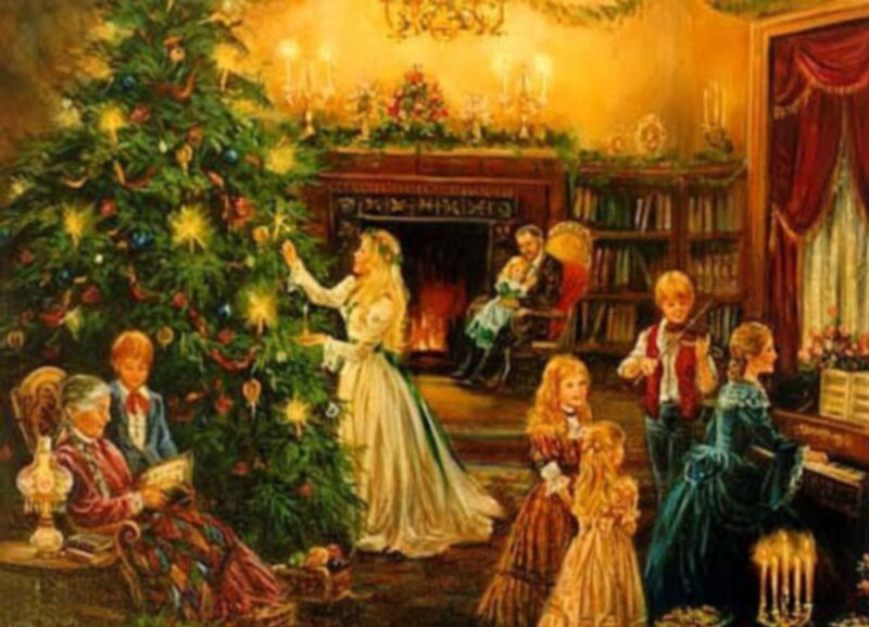 Family Decorating Christmas Tree — Gold, Festive