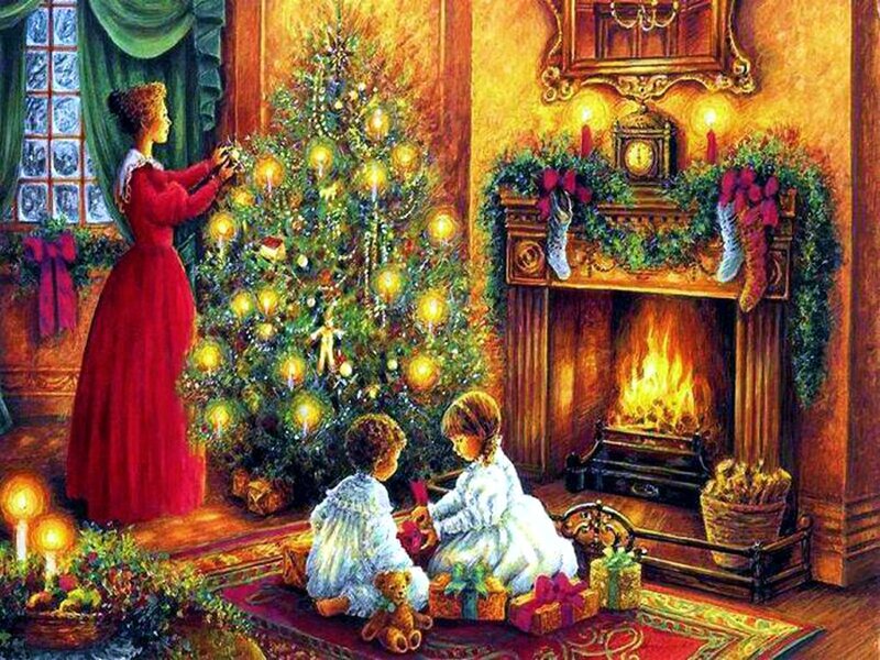 Family Decorating Christmas Tree — Red, Cozy