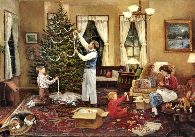 Family Decorating Christmas Tree — Red, Festive