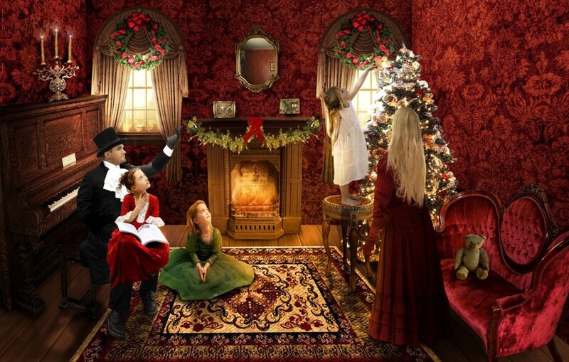 Family Decorating Christmas Tree — Red, Festive, Winter