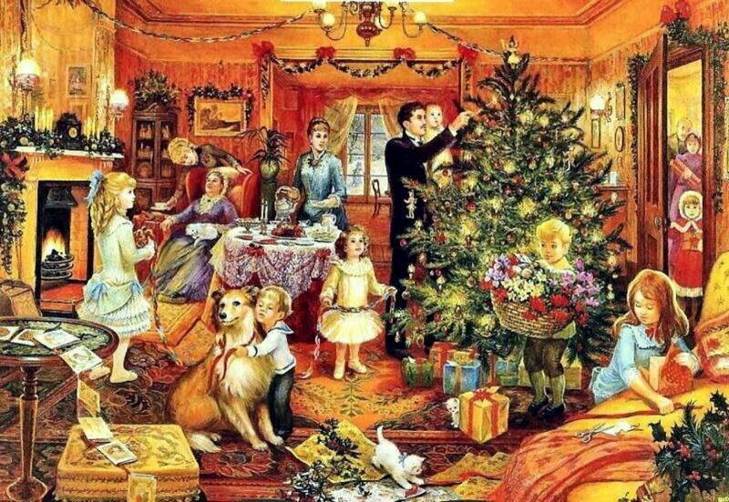 Family Decorating Christmas Tree — Red
