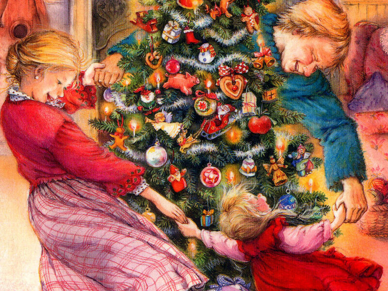 Family decorating Christmas tree