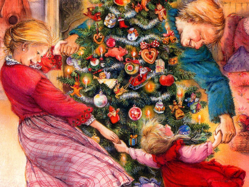 Family decorating Christmas tree