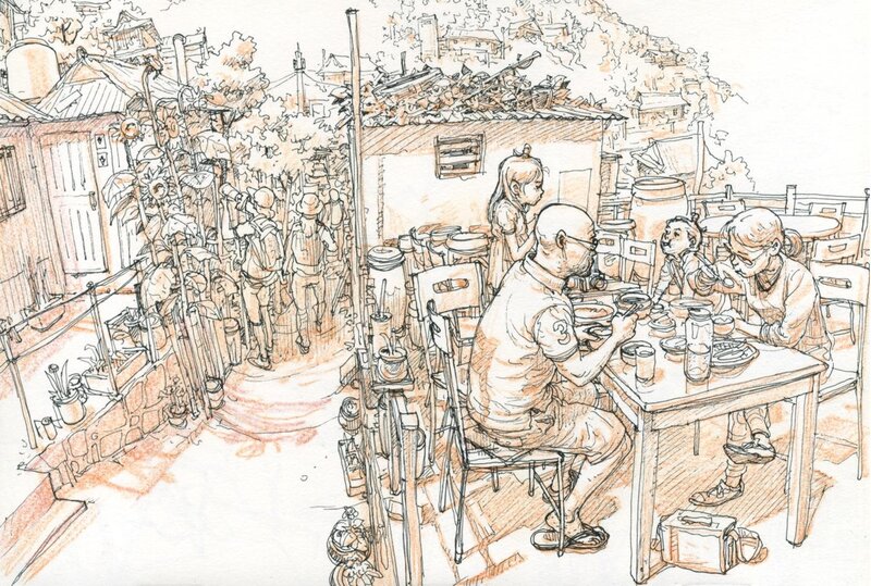 Family dining in a village