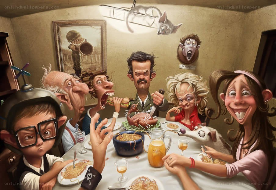Family dinner with caricatures