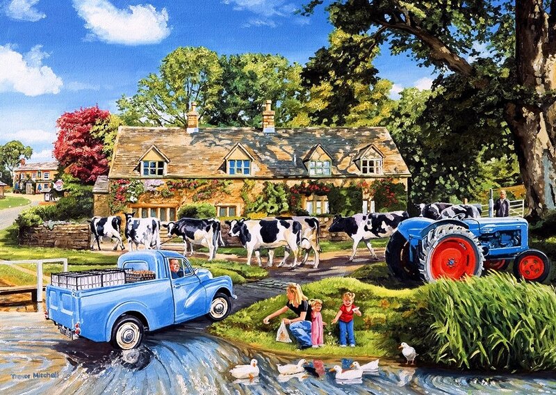 Family Feeding Ducks — Blue