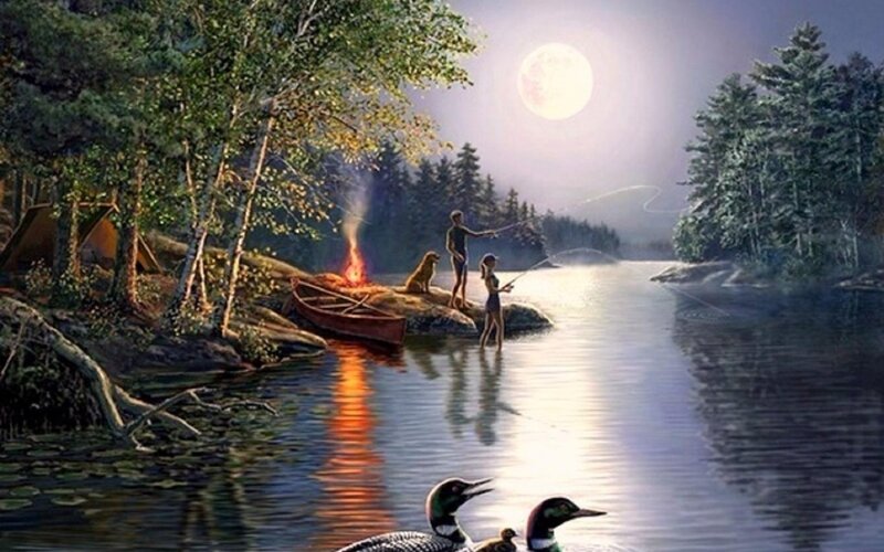 Family Fishing at Night