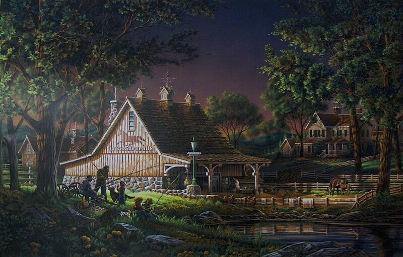 Family Fishing by Barn