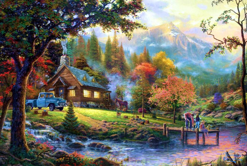 Family Fishing by Cabin