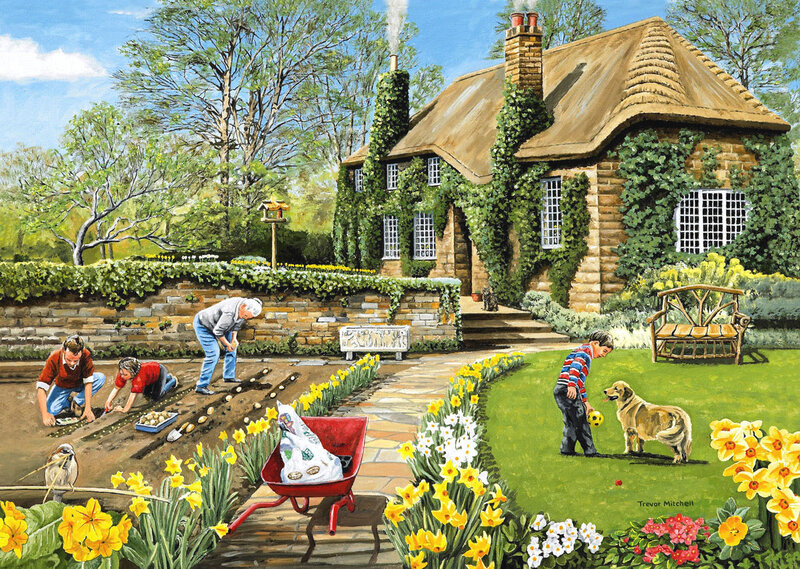 Family gardening in a cottage garden