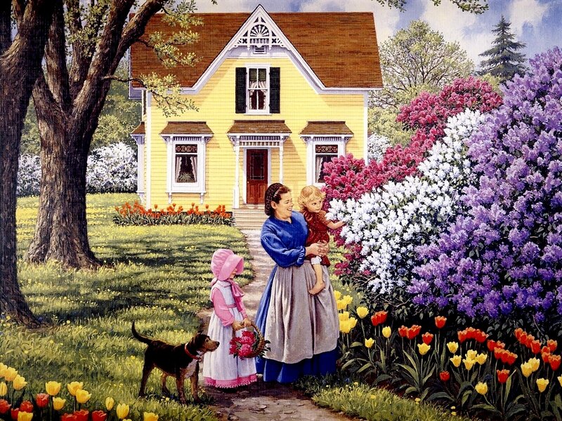 Family in a flower garden