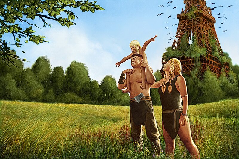 Family in a post-apocalyptic field