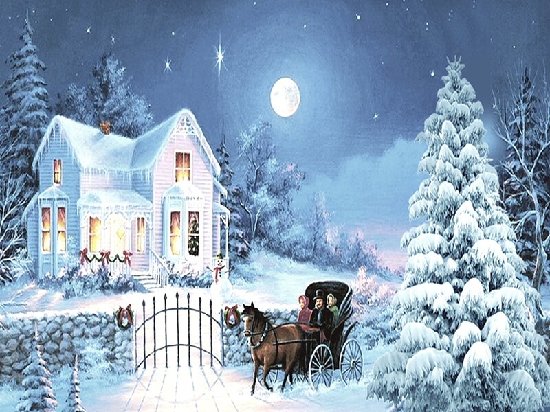 Family in Horse-drawn Carriage — Blue, Peaceful