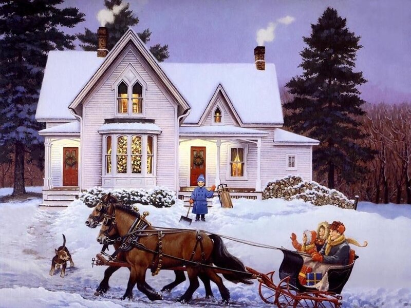 Family in Horse-drawn Sleigh — White, Festive, Winter