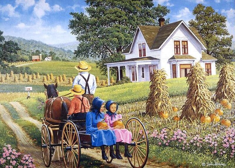 Family in Horse-drawn Wagon — Blue