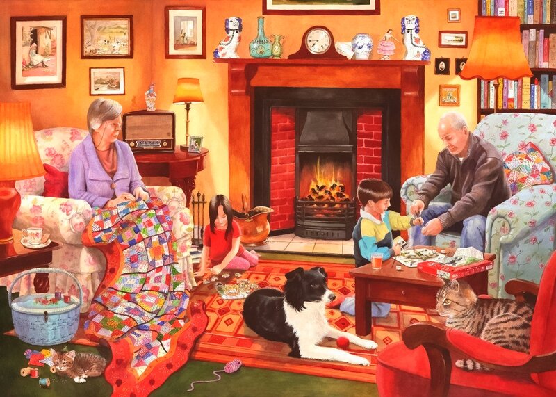 Family in Living Room — Orange