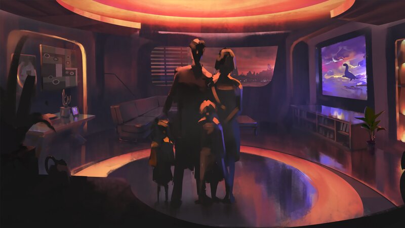 Family in Living Room — Red, Dramatic