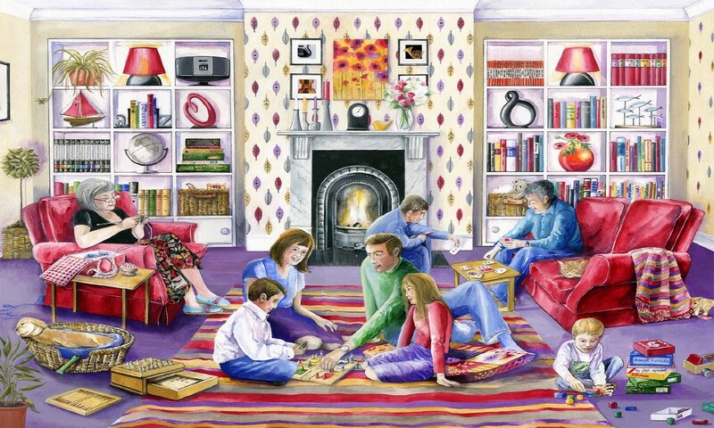 Family in Living Room — Red