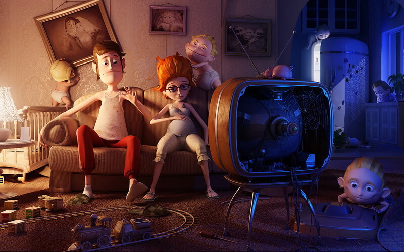 Family in living room with toys
