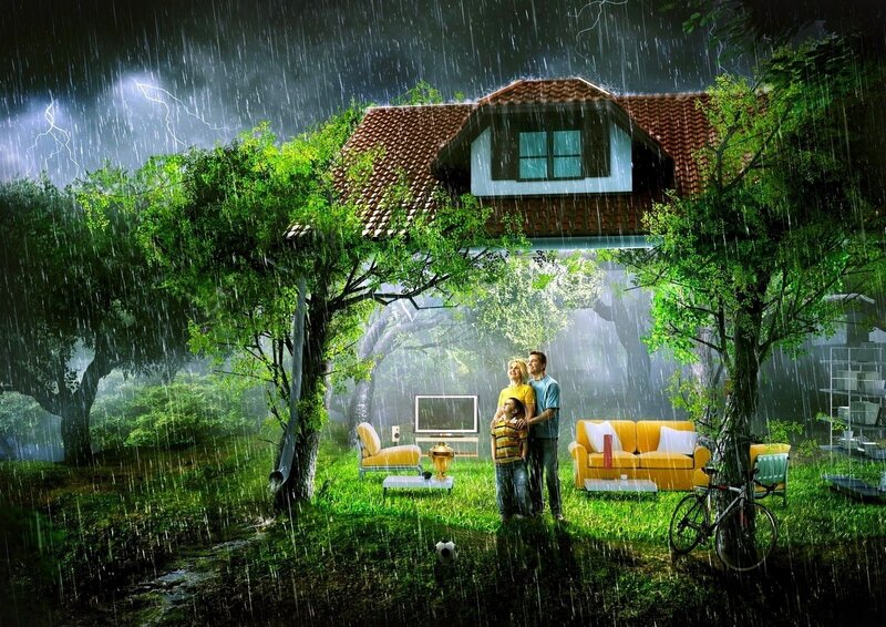 Family in Rainstorm