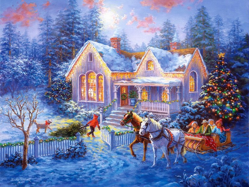 Family in Sleigh — Blue, Festive