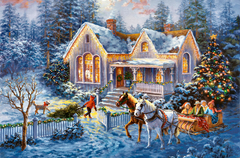 Family in Sleigh — Blue, Festive, Winter, Painting