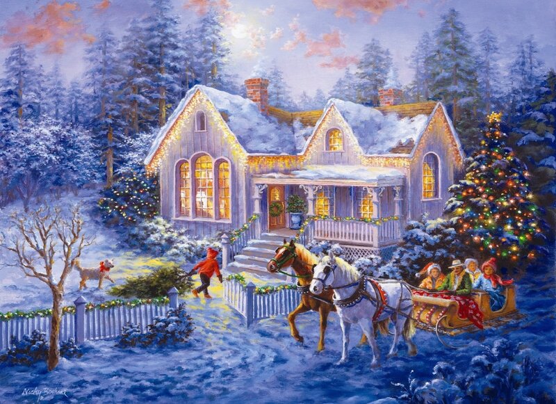 Family in Sleigh — Blue, Festive, Winter