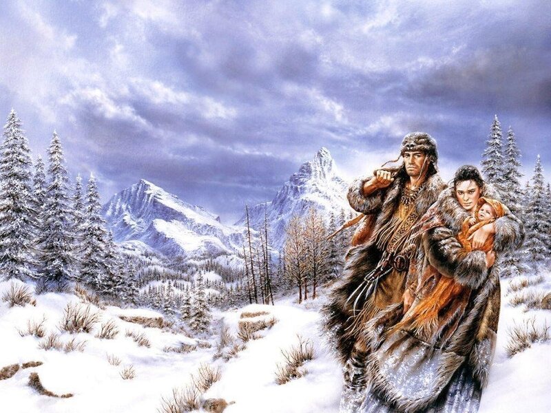 Family in snowy mountains