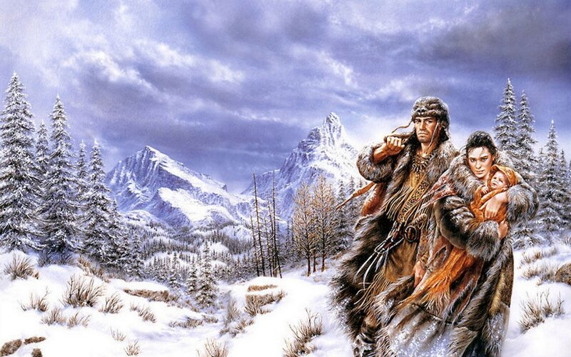 Family in snowy mountains