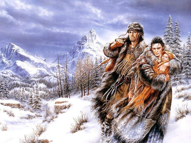 Family in snowy mountains
