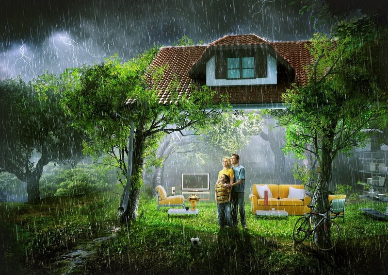 Family in stormy garden
