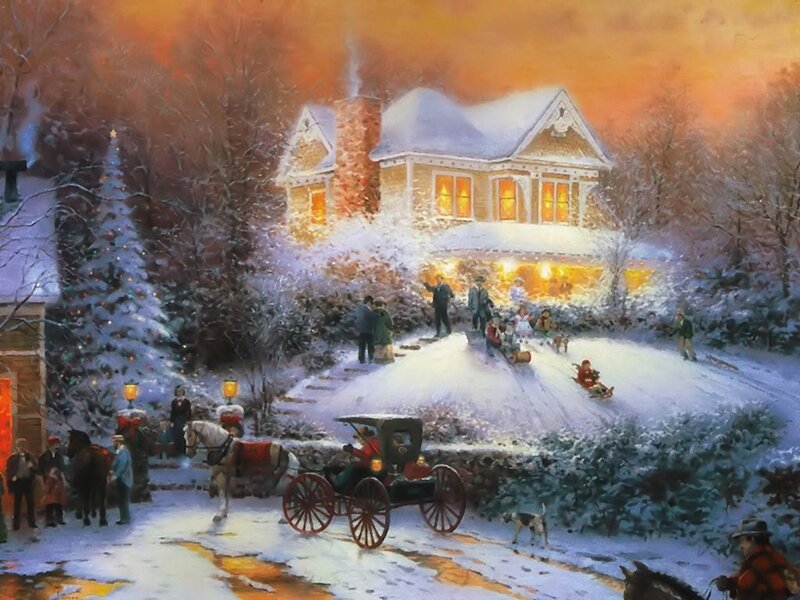 Family in Winter Scene — White, Festive, Painting