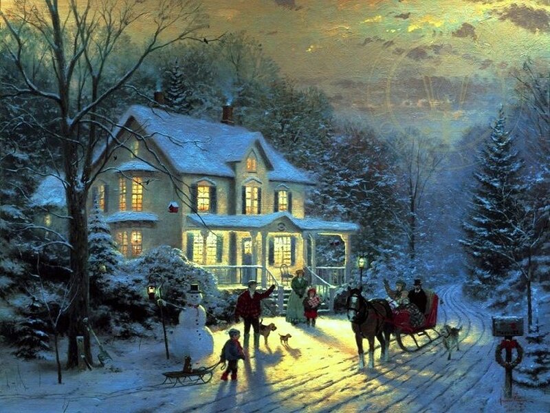 Family in Winter Scene — White, Peaceful, Night