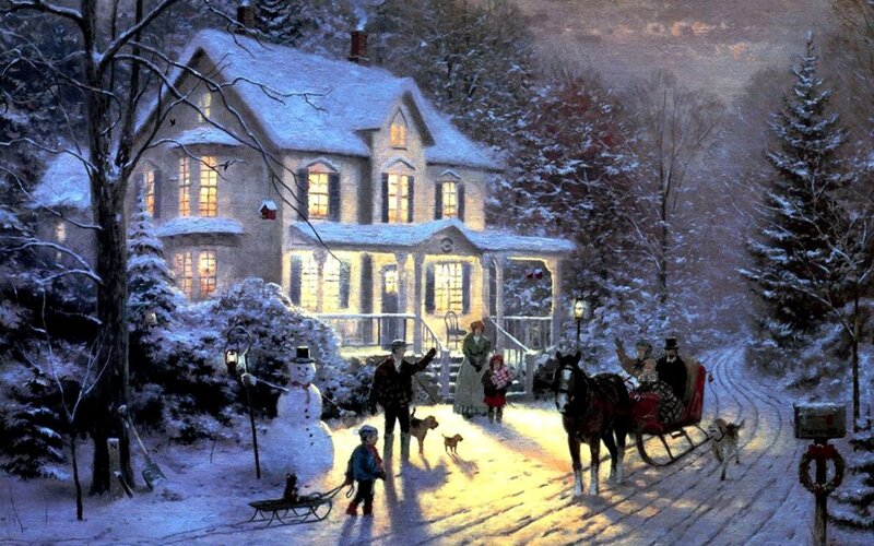 Family in Winter Scene — White, Peaceful, Painting