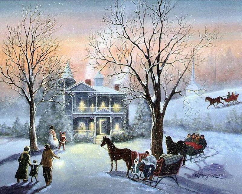 Family in Winter Scene — White, Peaceful
