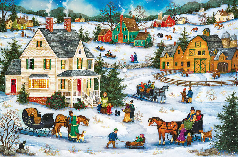 Family in Winter Village