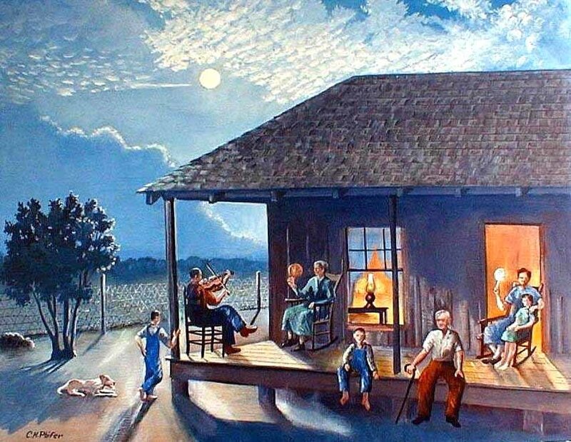 Family on a porch at night