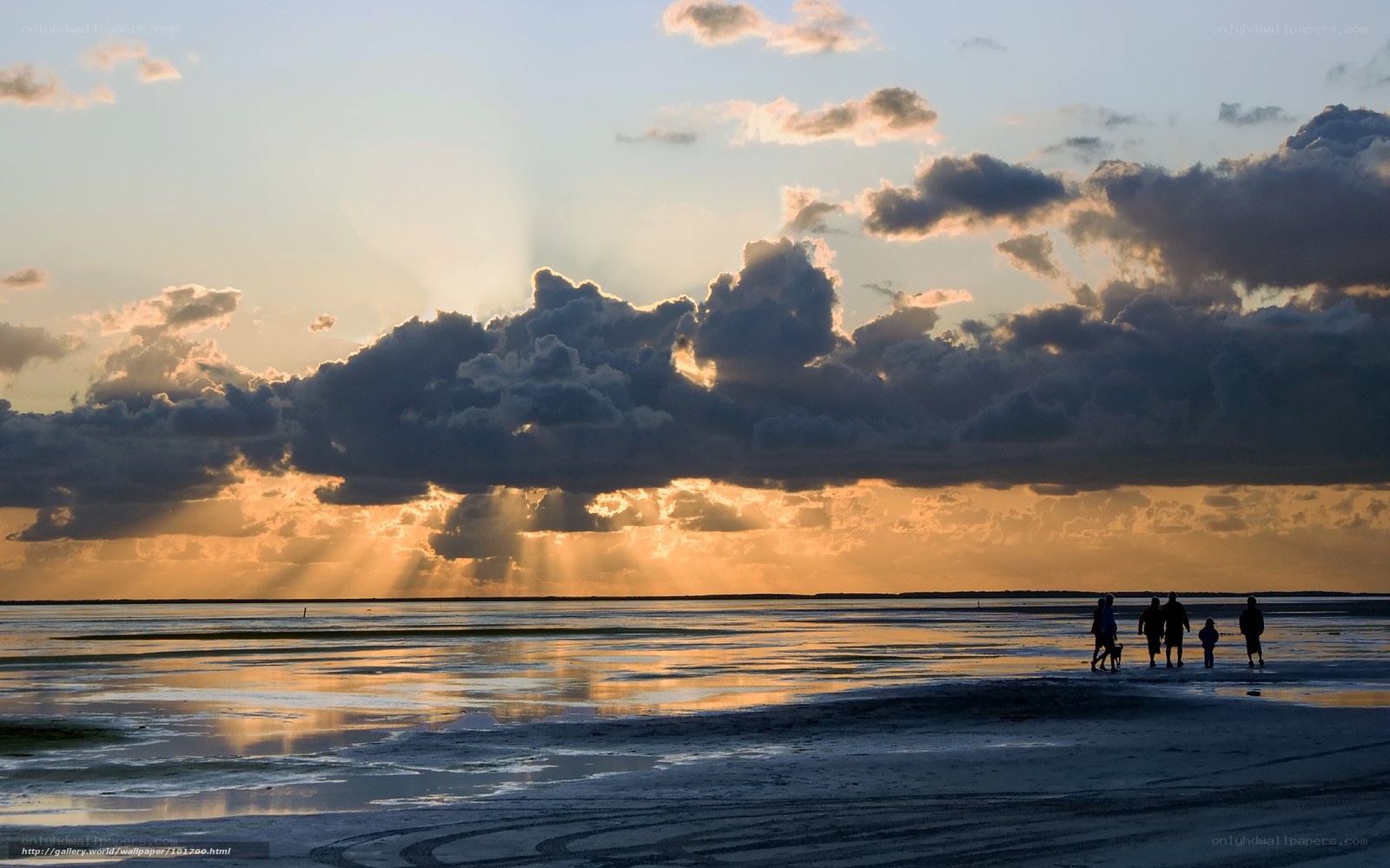 Family on beach at sunset