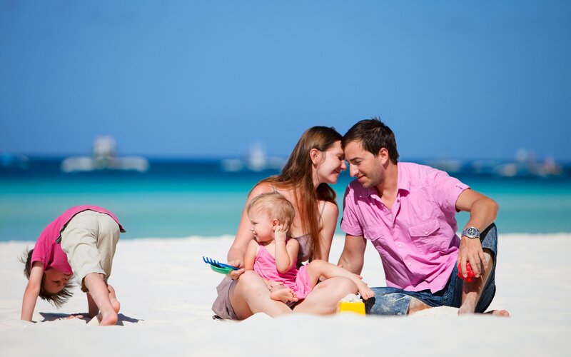 Family on Beach — Blue, Relaxed