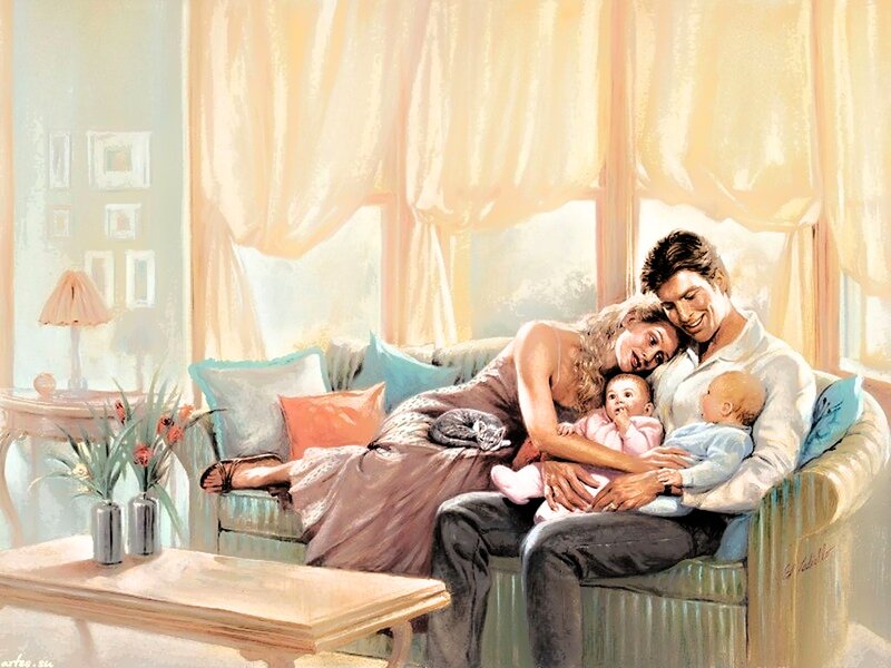 Family on Couch with Babies